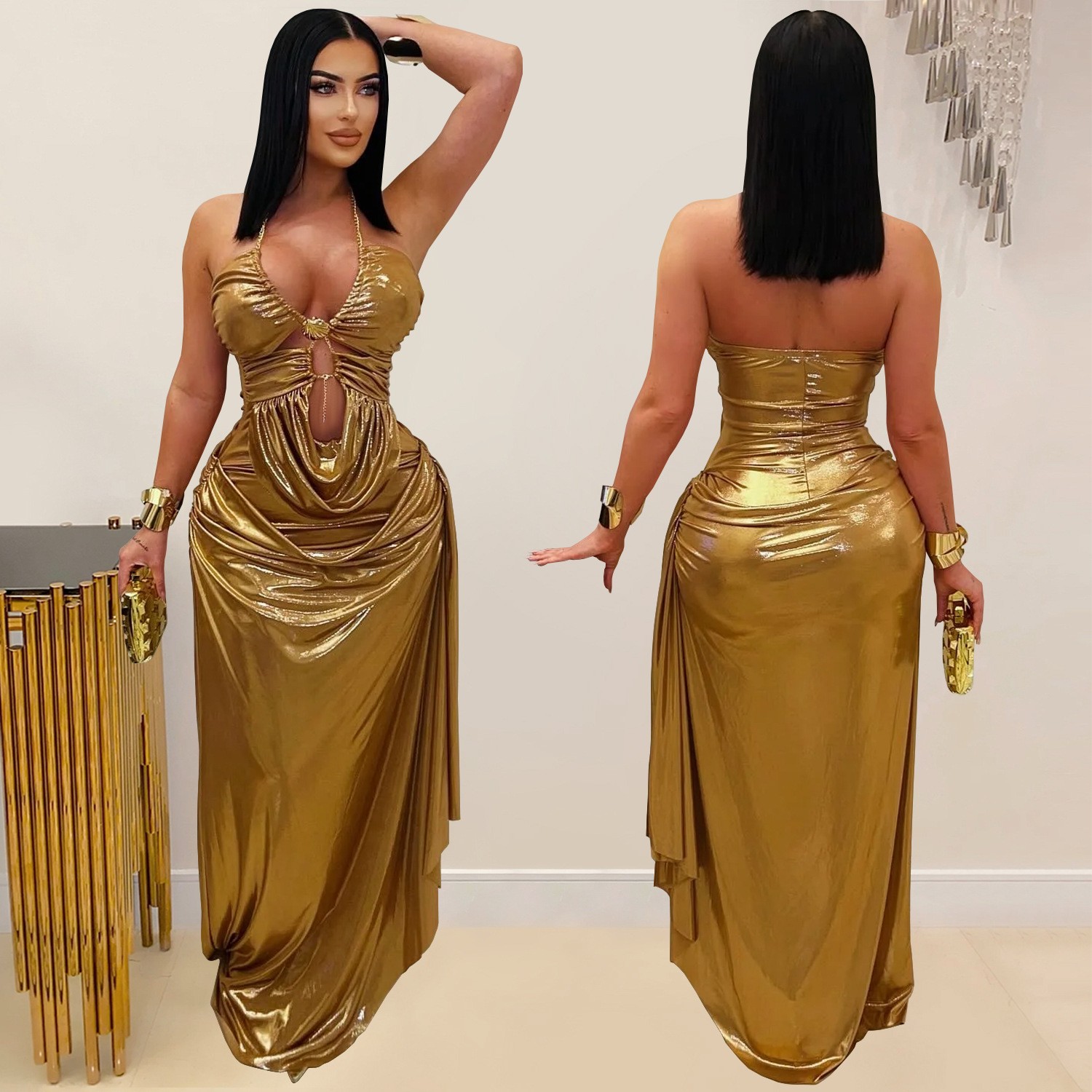 Robe de soirée longue dorée mé - Maxi Dress Halter avis et prix